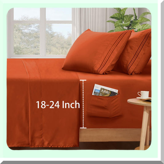 UltraFit 24" Deep Pocket Sheet Set - 4 Piece Burnt Orange Soft Sheets for Air Mattress - 1800 Thread Count Fitted Sheet with Side Pocket - Extra Deep Pocket Fits Mattress up to 24 Inches Thick