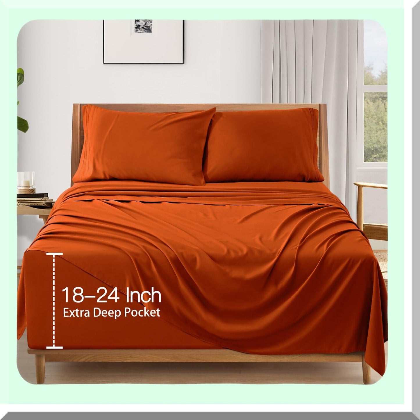UltraFit 24" Deep Pocket Sheet Set - 4 Piece Burnt Orange Soft Sheets for Air Mattress - 1800 Thread Count Fitted Sheet with Side Pocket - Extra Deep Pocket Fits Mattress up to 24 Inches Thick