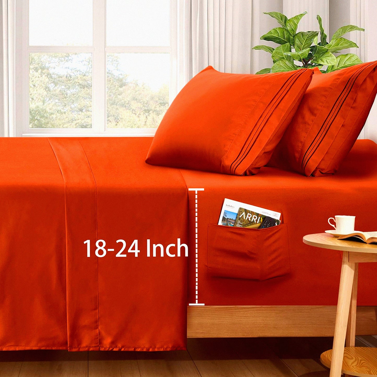 UltraFit 24" Deep Pocket Sheet Set - 4 Piece Burnt Orange Soft Sheets for Air Mattress - 1800 Thread Count Fitted Sheet with Side Pocket - Extra Deep Pocket Fits Mattress up to 24 Inches Thick