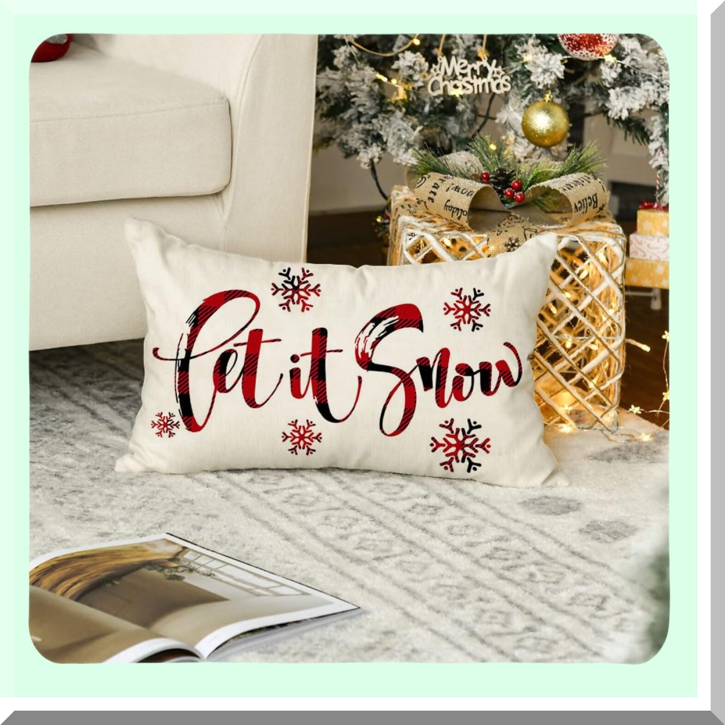 Snowflake Plaid Lumbar Pillow Covers - Holiday Xmas Decorative Cushion Cases for Couch - Winter Red and White Throw Pillows 12x20 Inch