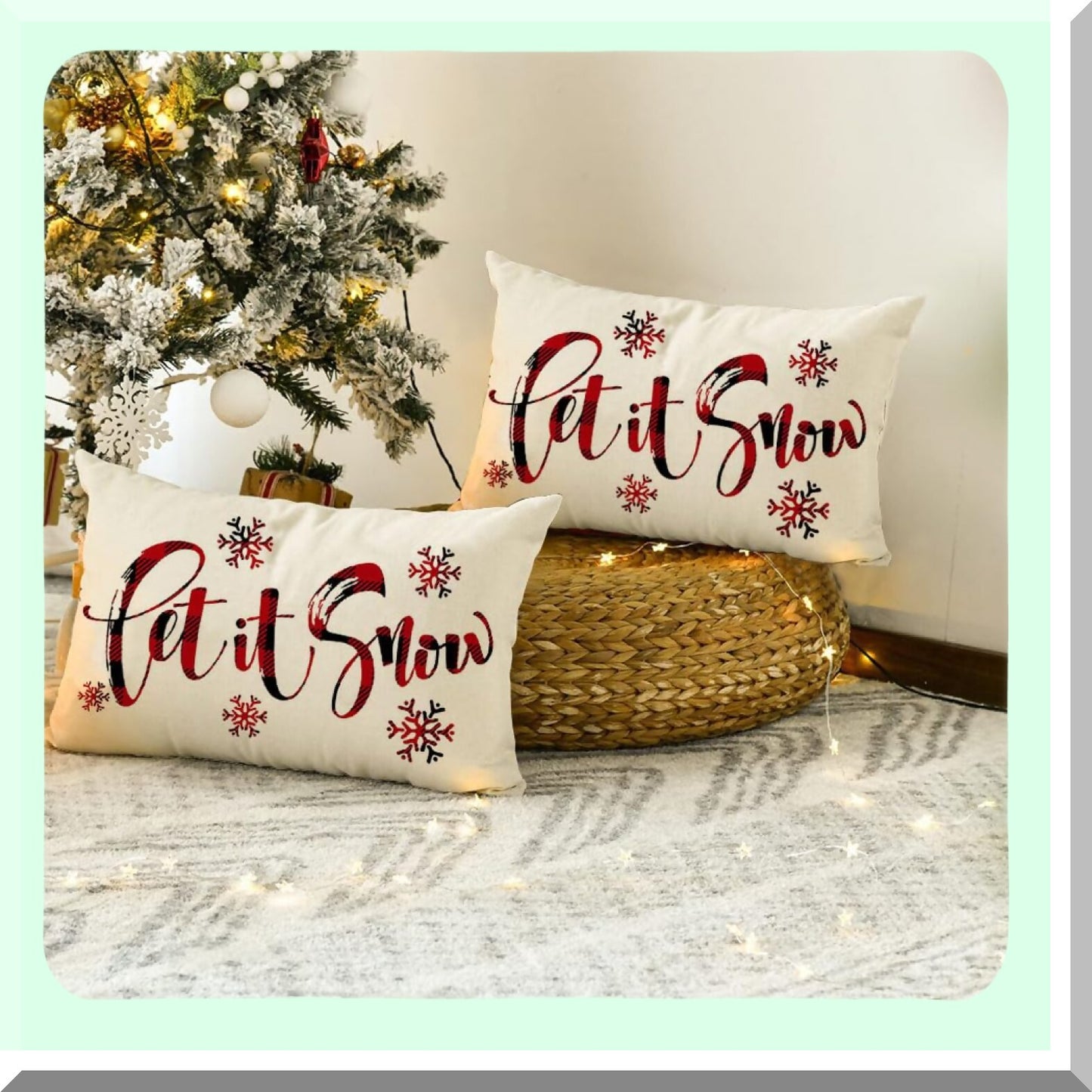 Snowflake Plaid Lumbar Pillow Covers - Holiday Xmas Decorative Cushion Cases for Couch - Winter Red and White Throw Pillows 12x20 Inch