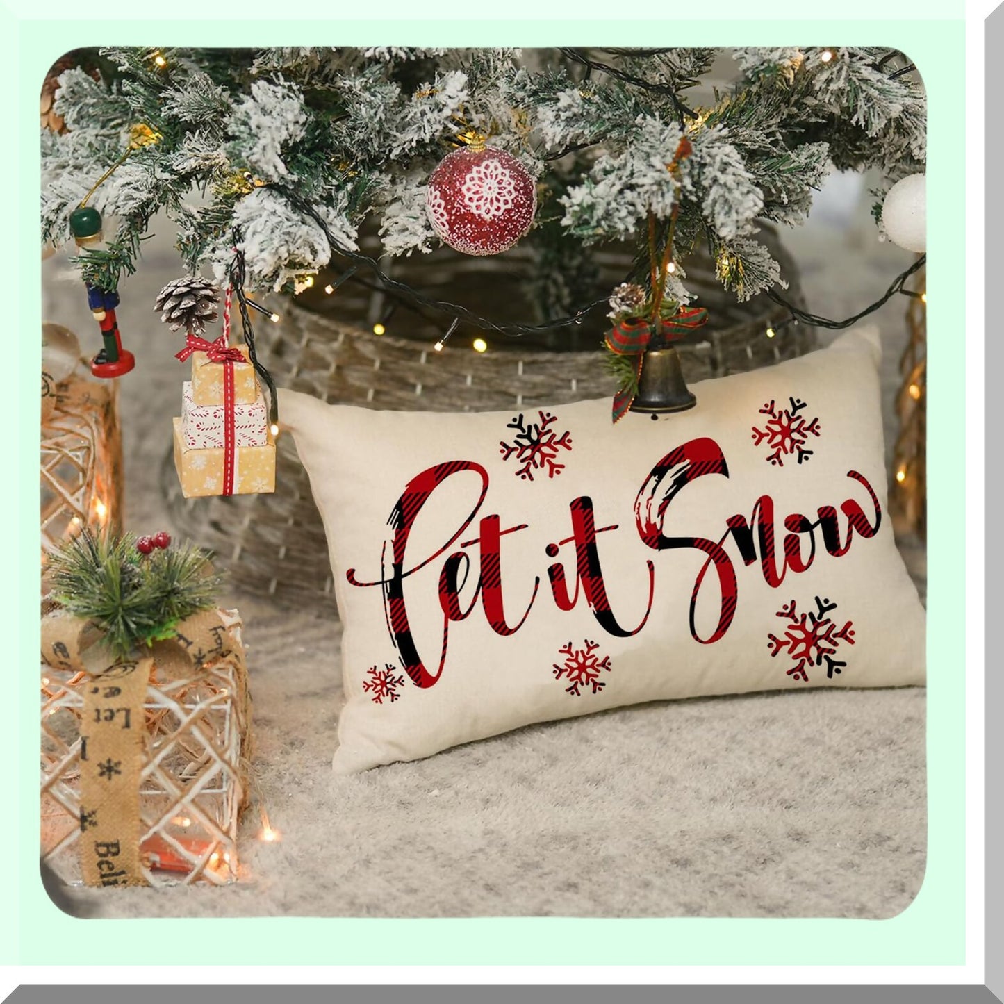 Snowflake Plaid Lumbar Pillow Covers - Holiday Xmas Decorative Cushion Cases for Couch - Winter Red and White Throw Pillows 12x20 Inch