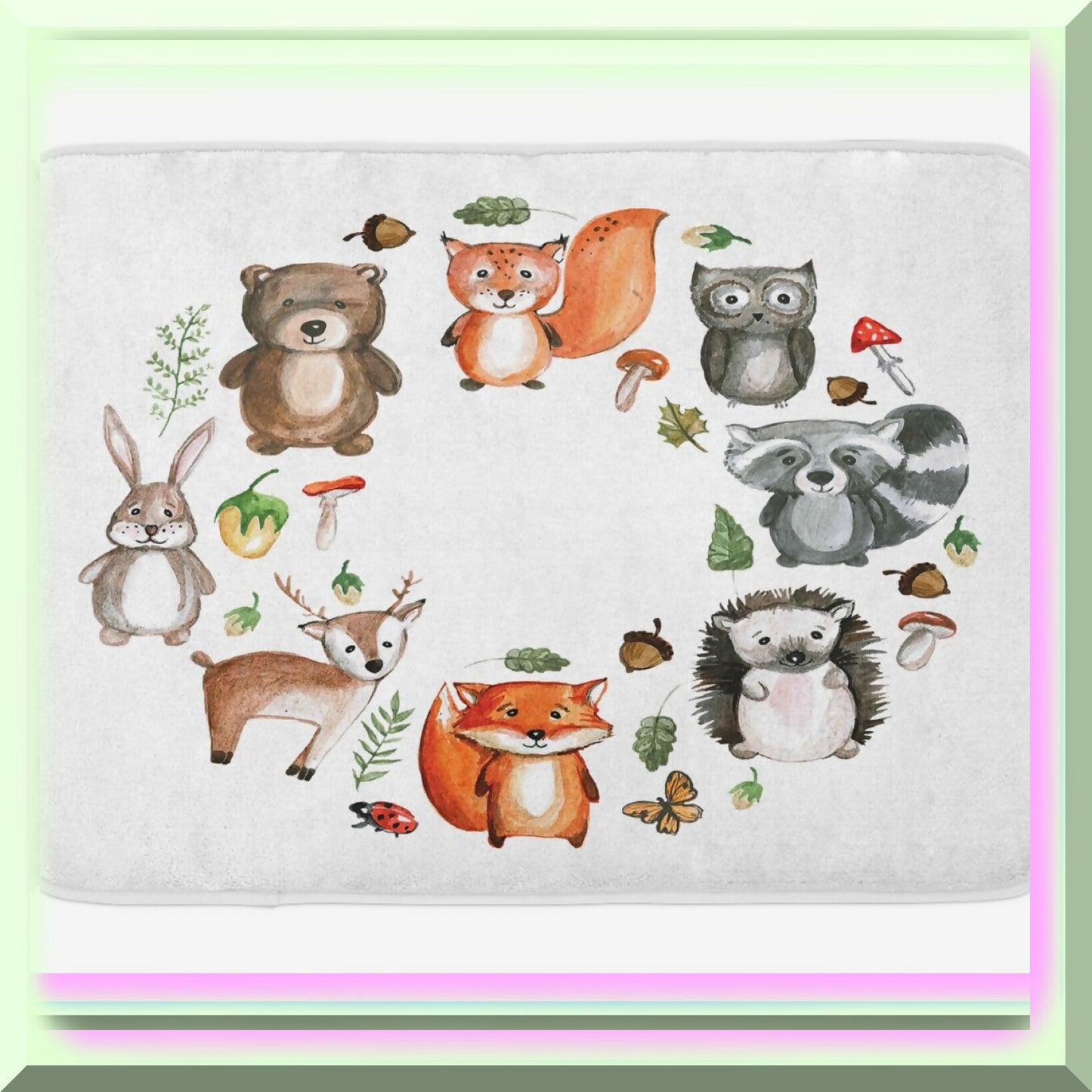 Woodland Bath Mat with Animals and Mushrooms, Multicolor