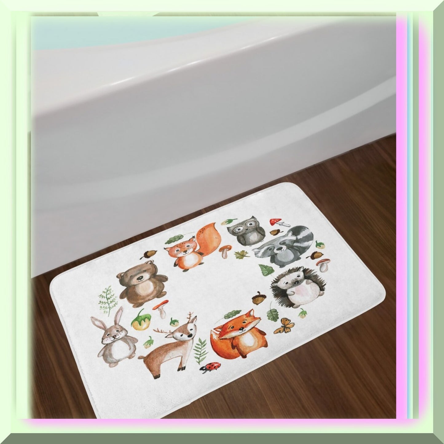 Woodland Bath Mat with Animals and Mushrooms, Multicolor