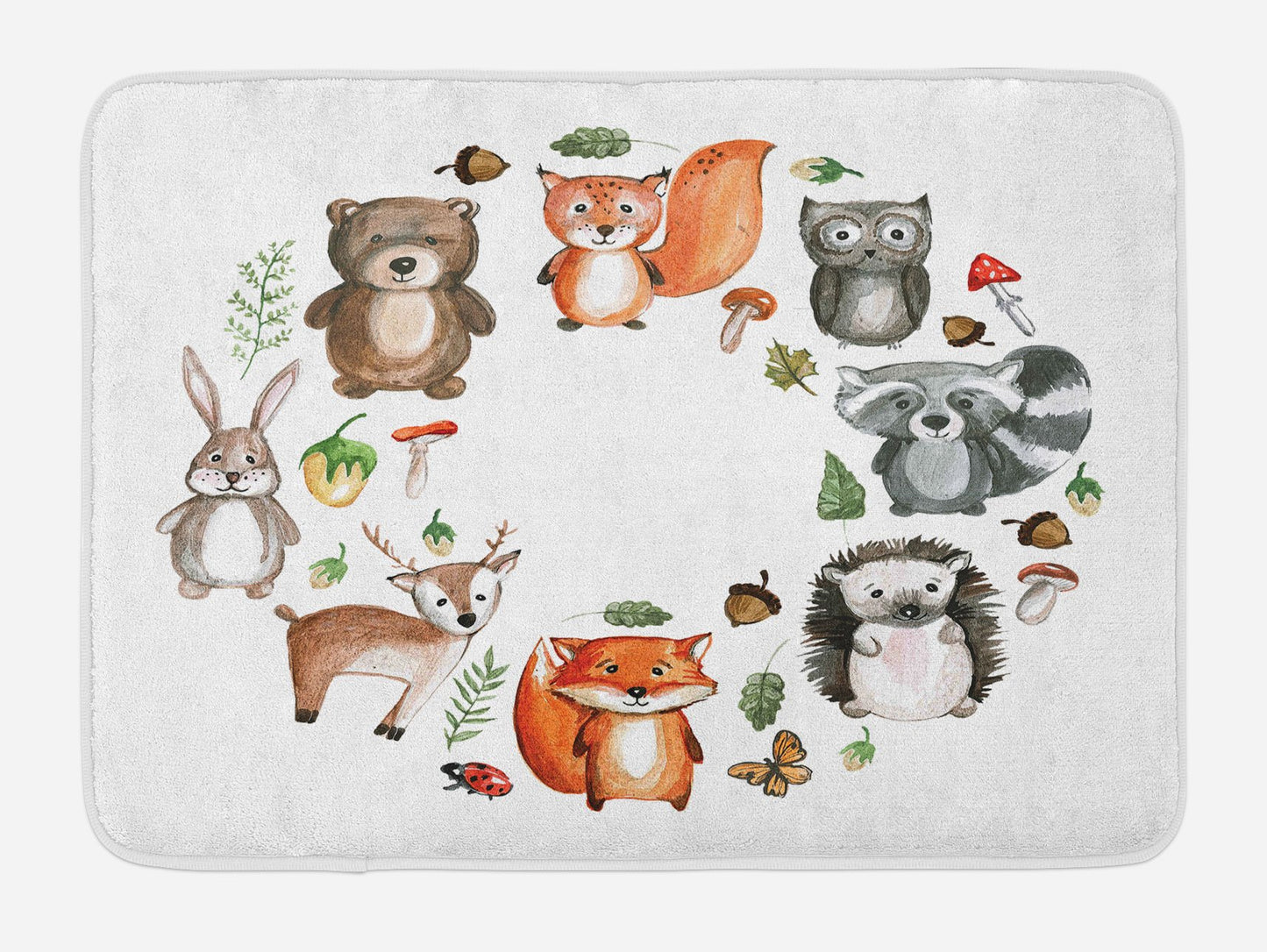 Woodland Bath Mat with Animals and Mushrooms, Multicolor