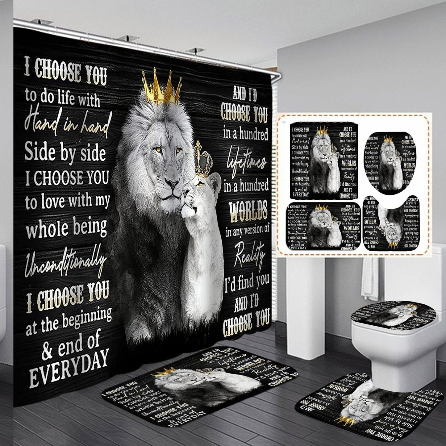 4PCS Shower Curtain and Rug Set Black Rustic Wooden Decor