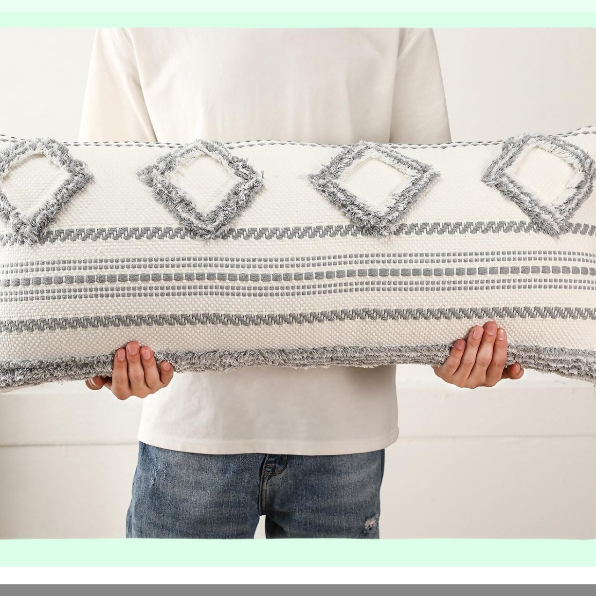 Boho Chic Tufted Lumbar Pillow Cover - 14x36 Grey White Cotton Decorative Case for Bed Sofa Couch Livingroom Farmhouse - Modern Accent Piece