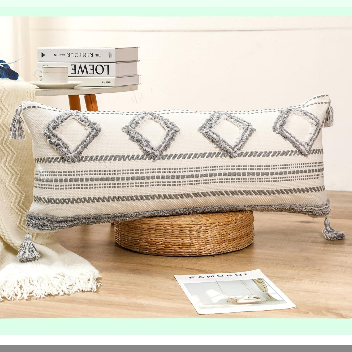Boho Chic Tufted Lumbar Pillow Cover - 14x36 Grey White Cotton Decorative Case for Bed Sofa Couch Livingroom Farmhouse - Modern Accent Piece