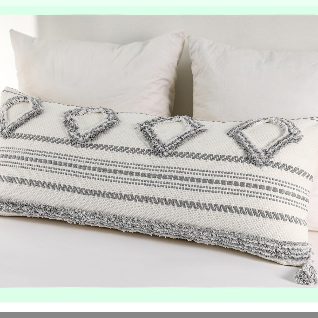 Boho Chic Tufted Lumbar Pillow Cover - 14x36 Grey White Cotton Decorative Case for Bed Sofa Couch Livingroom Farmhouse - Modern Accent Piece