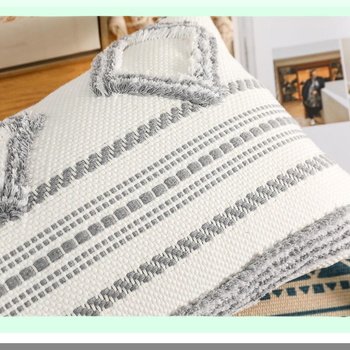 Boho Chic Tufted Lumbar Pillow Cover - 14x36 Grey White Cotton Decorative Case for Bed Sofa Couch Livingroom Farmhouse - Modern Accent Piece