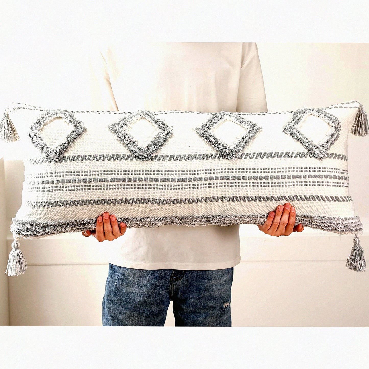 Boho Chic Tufted Lumbar Pillow Cover - 14x36 Grey White Cotton Decorative Case for Bed Sofa Couch Livingroom Farmhouse - Modern Accent Piece