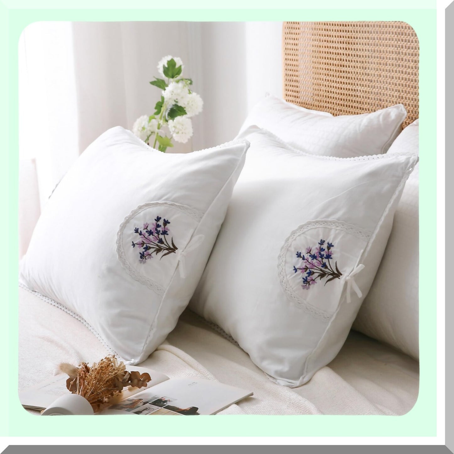 Lavender Bloom Cotton Pillowcase Set - White Embroidery & Lace Queen Size Shams - 2-Pack Floral Pillow Covers 30"x20"