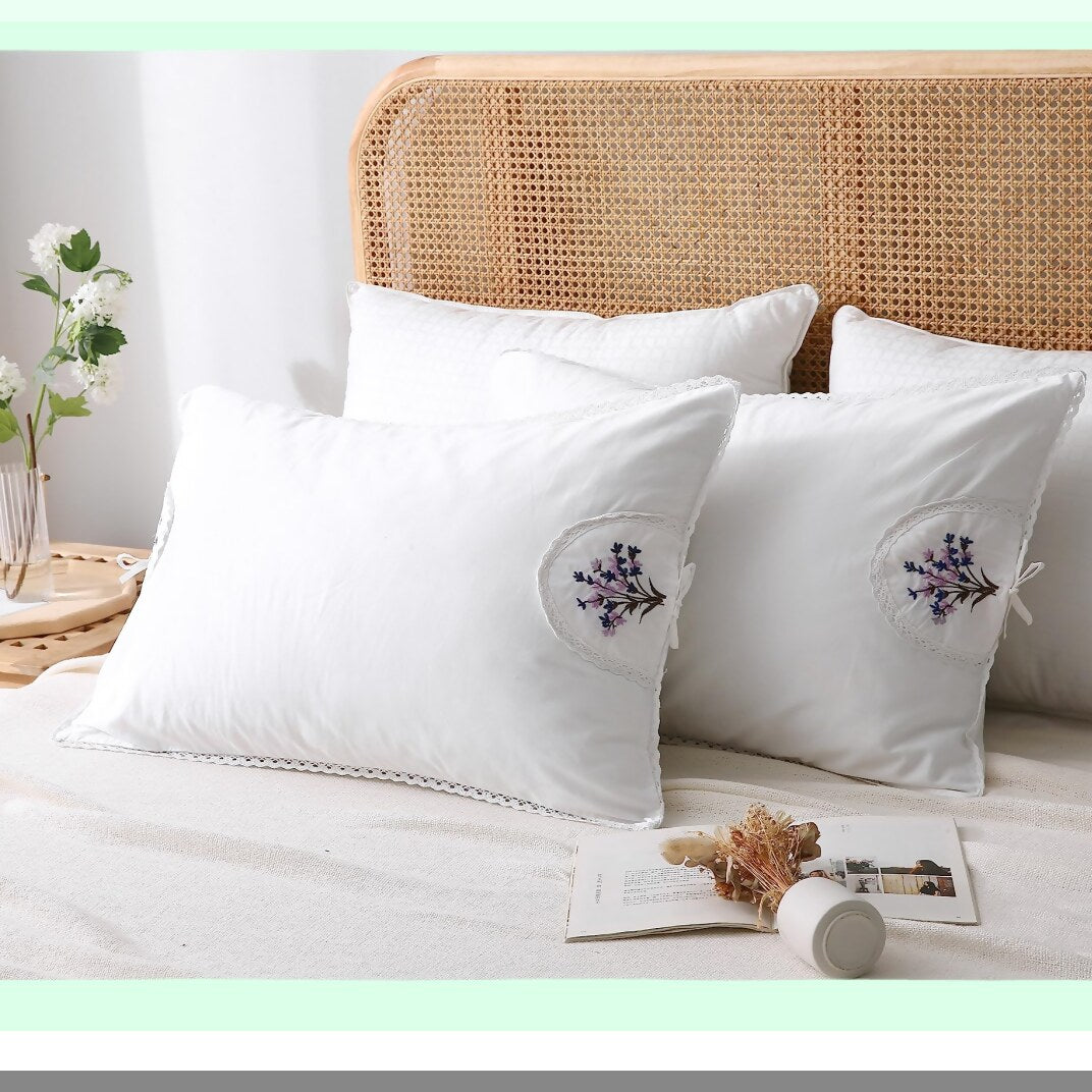 Lavender Bloom Cotton Pillowcase Set - White Embroidery & Lace Queen Size Shams - 2-Pack Floral Pillow Covers 30"x20"