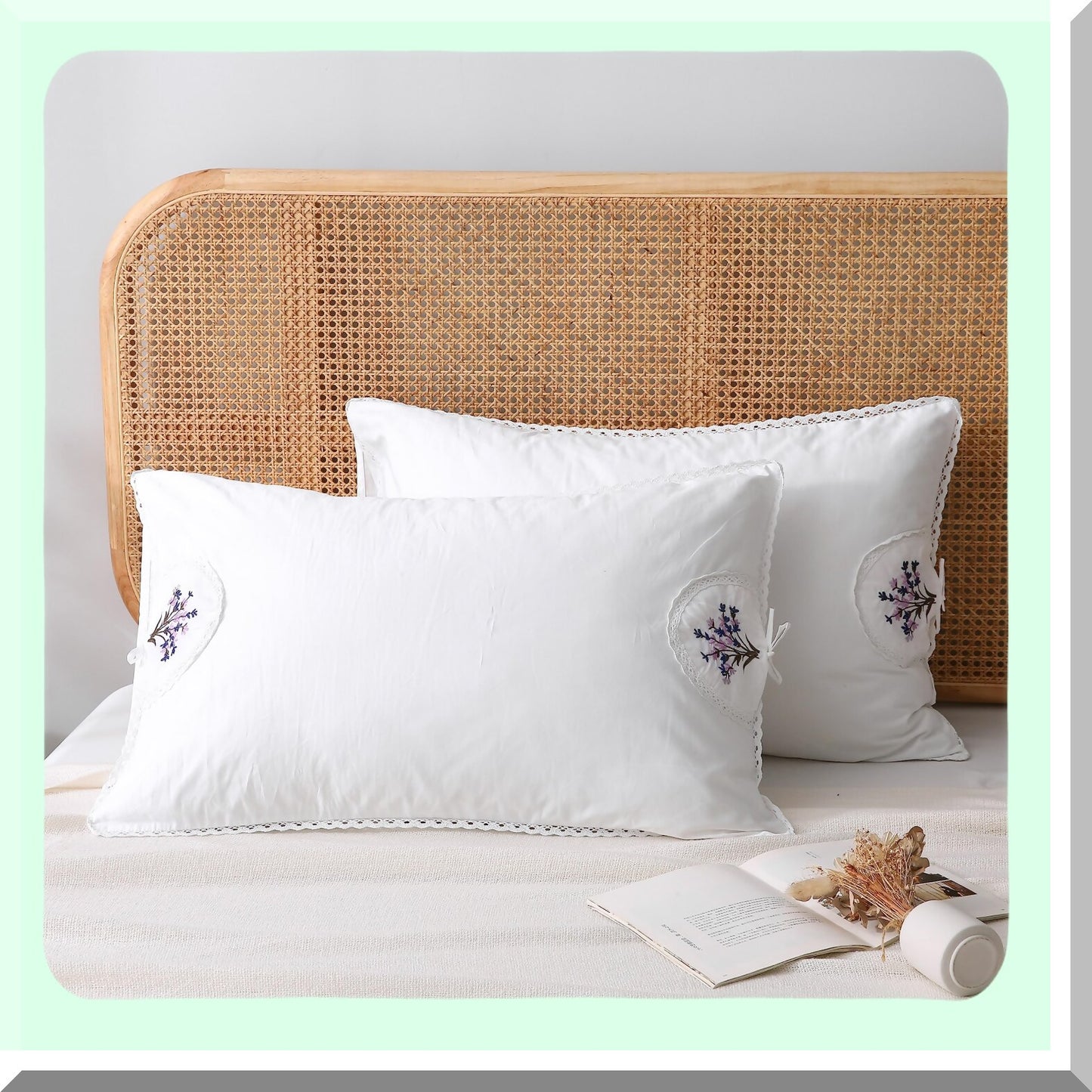Lavender Bloom Cotton Pillowcase Set - White Embroidery & Lace Queen Size Shams - 2-Pack Floral Pillow Covers 30"x20"