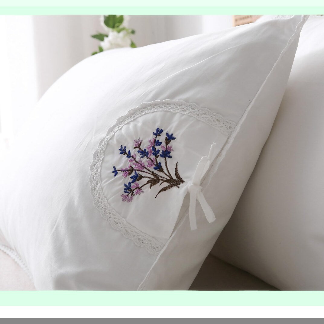 Lavender Bloom Cotton Pillowcase Set - White Embroidery & Lace Queen Size Shams - 2-Pack Floral Pillow Covers 30"x20"