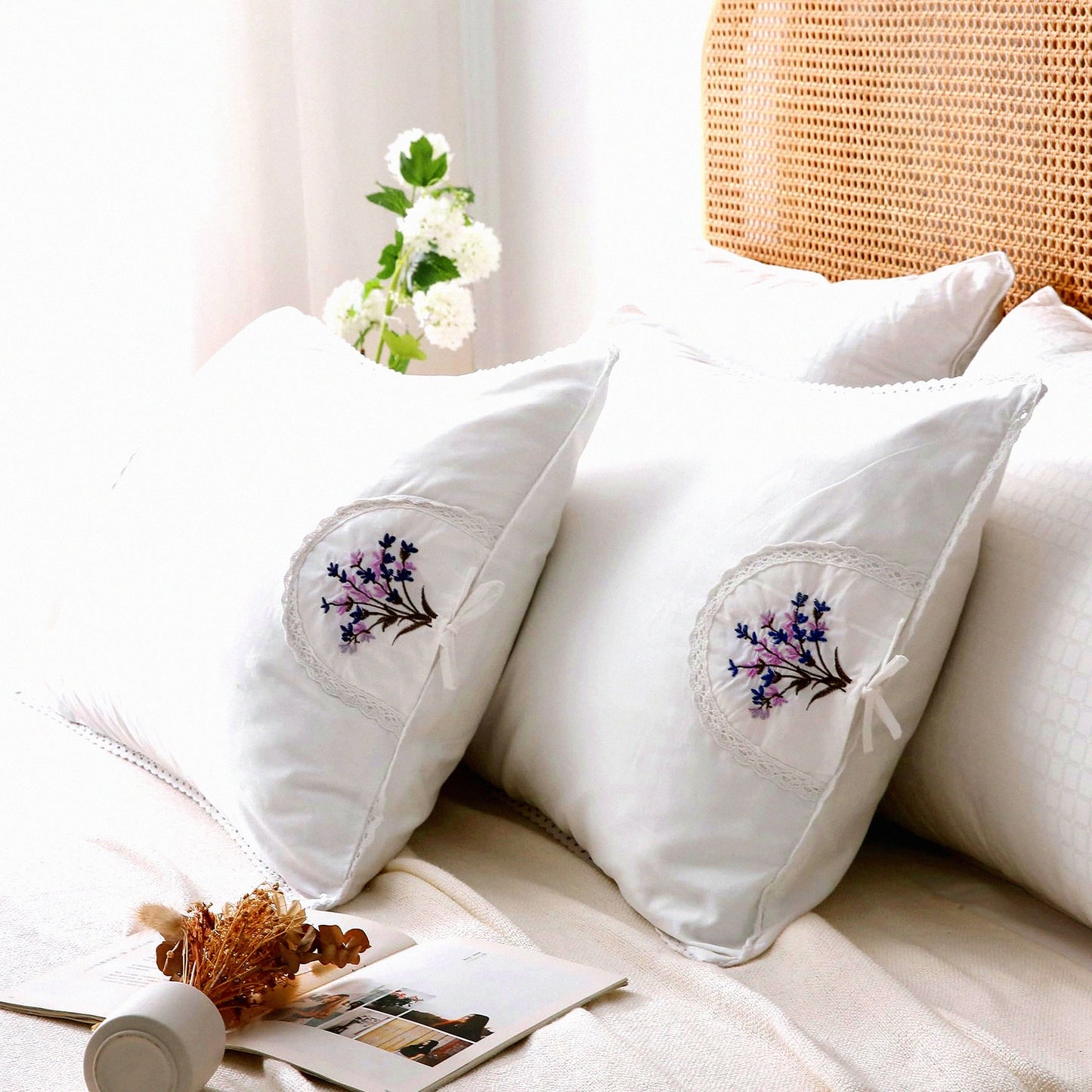 Lavender Bloom Cotton Pillowcase Set - White Embroidery & Lace Queen Size Shams - 2-Pack Floral Pillow Covers 30"x20"