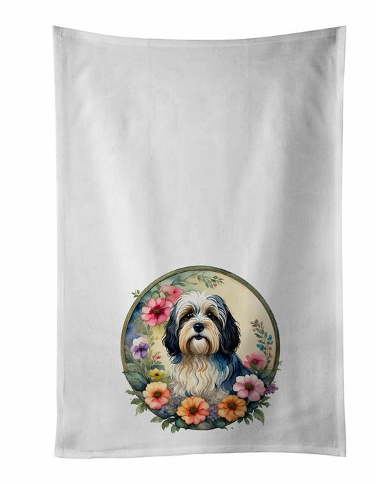 Havanese and Flowers Kitchen Towel Set of 2 White