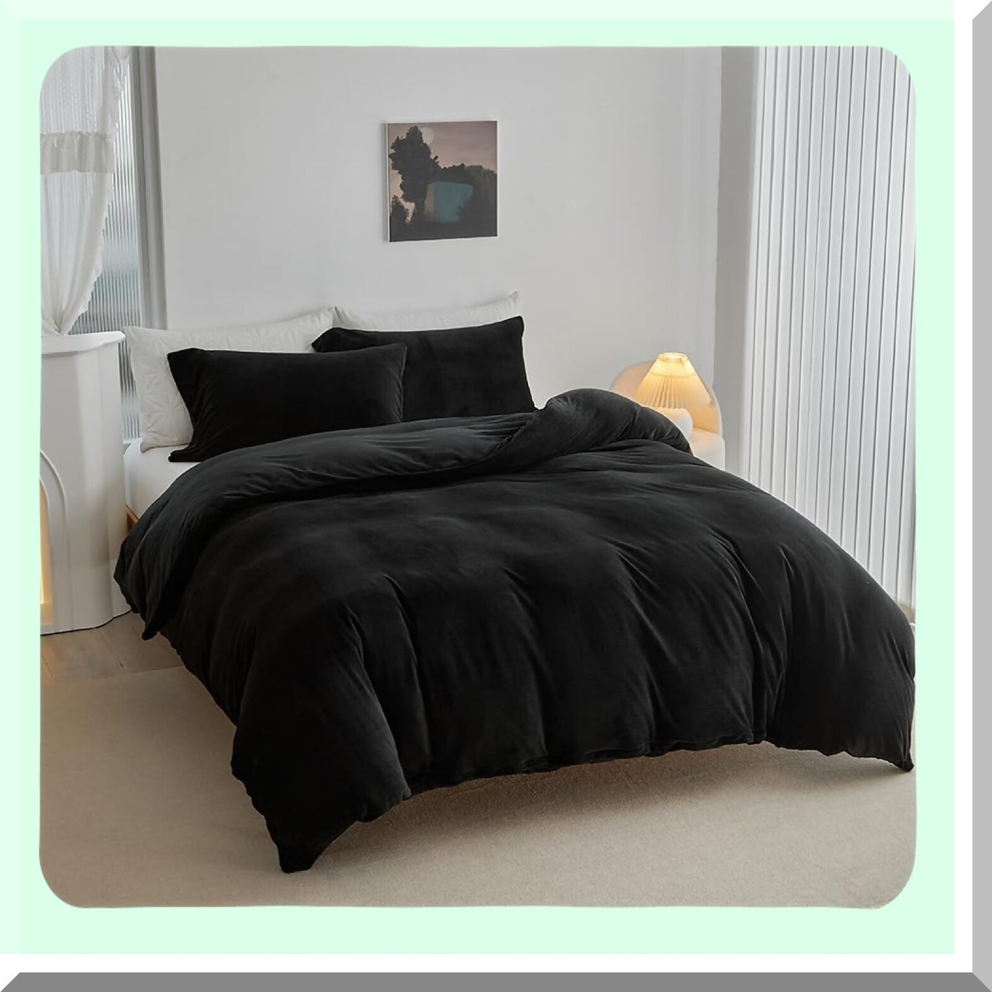 Ultra-Soft Black Flannel Comforter Set - 3 Piece Luxury Bedding with Pillow Cases - Fuzzy Warm Winter Bed Set - King/Queen Size Comforter Set