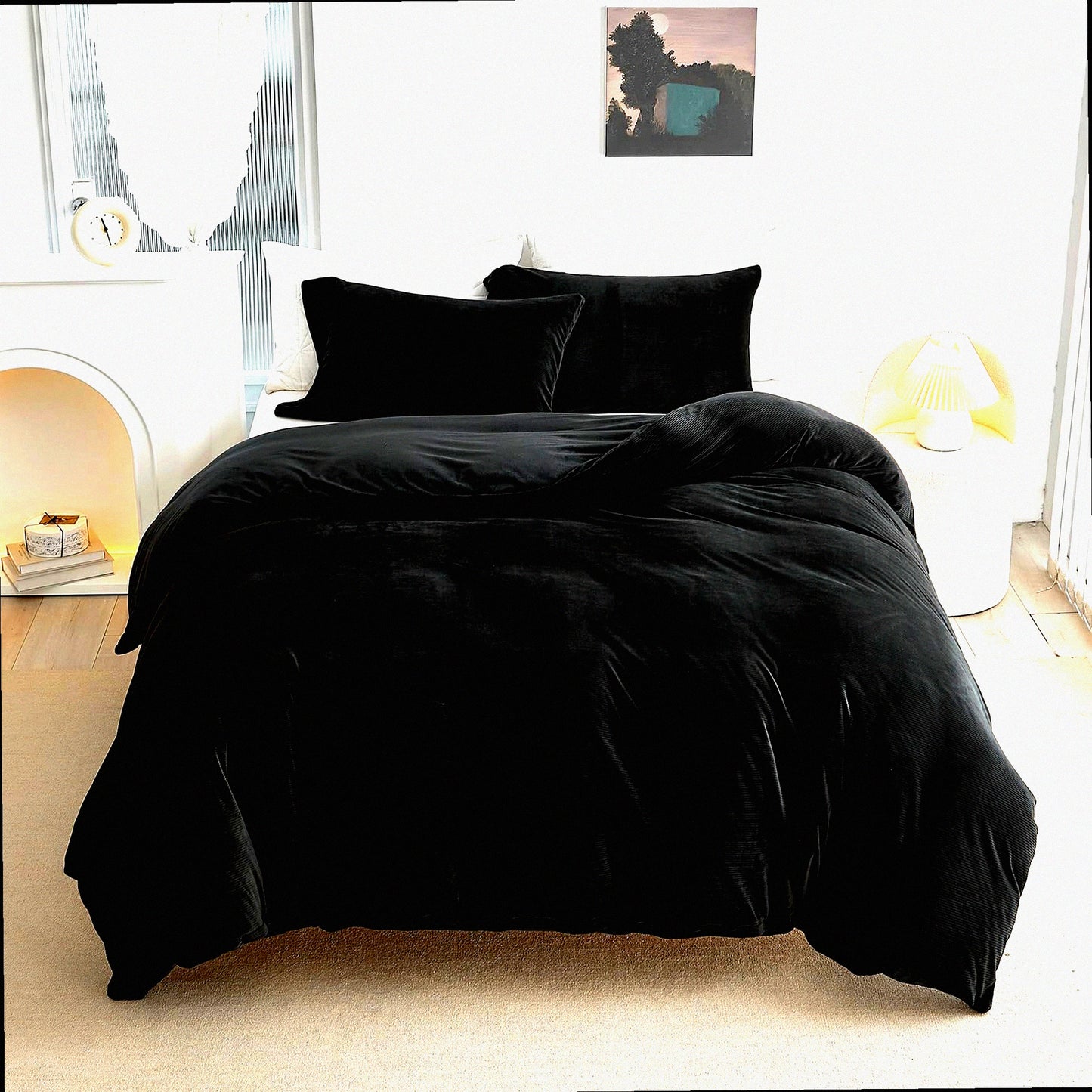 Ultra-Soft Black Flannel Comforter Set - 3 Piece Luxury Bedding with Pillow Cases - Fuzzy Warm Winter Bed Set - King/Queen Size Comforter Set