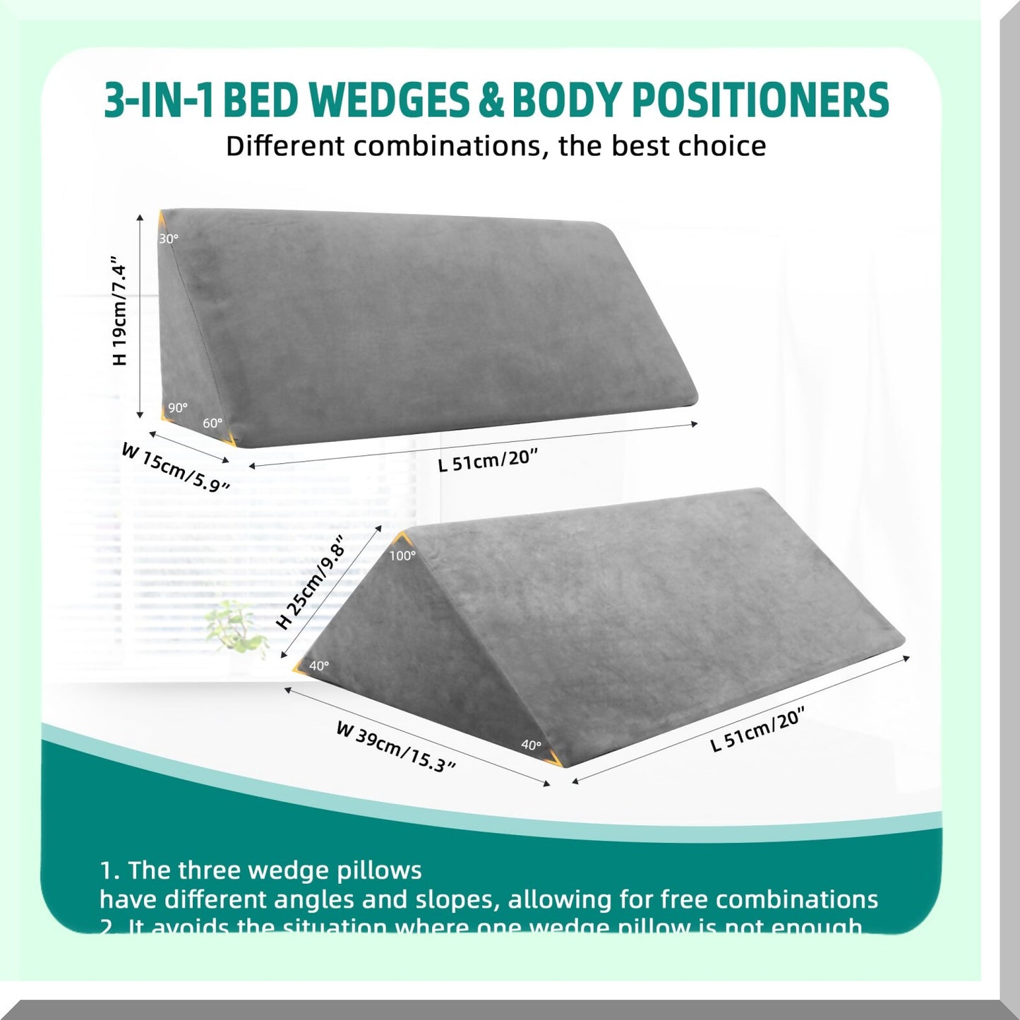 ComfortMax Body Positioning Wedge System - 3-in-1 Bed Wedges for Elderly & Adults. Includes 40 Degree Triangle Wedges, Side Pillows for Surgery Recovery, Bedsores Relief, & Body Support.