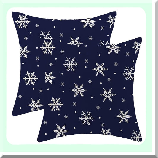 Winter Wonderland Pillow Covers - Set of 2 Navy Blue Snowflakes Decorative Throw Pillow Covers. Rustic Farmhouse Xmas Holiday Linen Cushion Case for Outdoor Home Sofa Couch. 20 X 20 Inch.