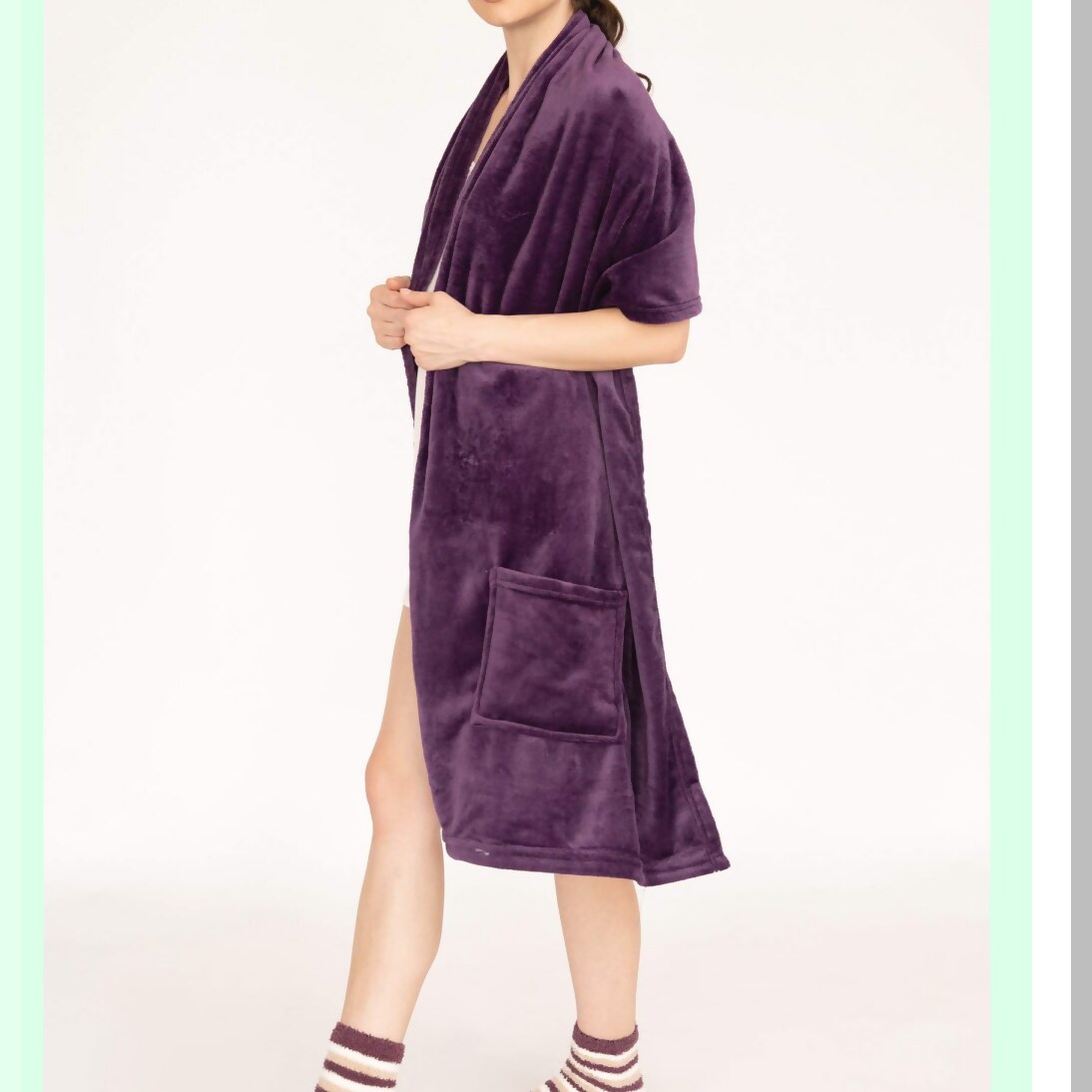 Ultra Plush Cozy Flannel Fleece Snuggle Robe with Pockets & Bonus Striped Socks, Purple