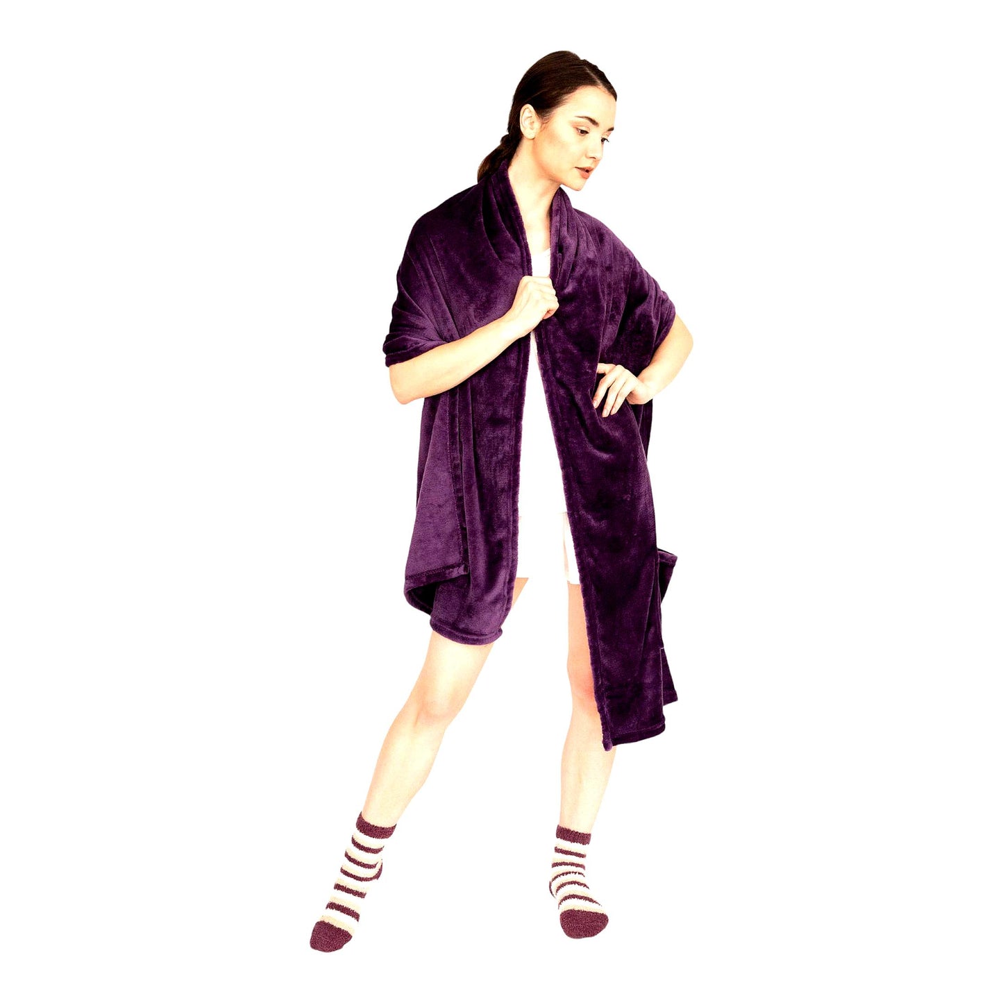 Ultra Plush Cozy Flannel Fleece Snuggle Robe with Pockets & Bonus Striped Socks, Purple