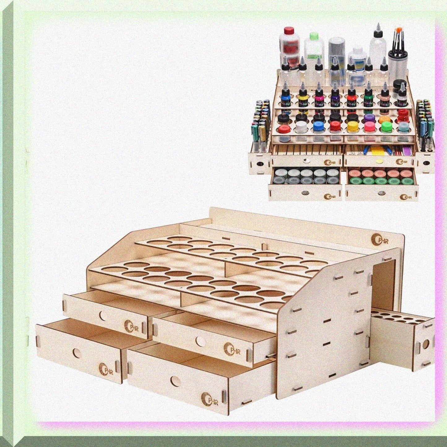 Wooden Paint Rack with 32 Bottle Holes, 36 Marker Slots, 4 Drawers