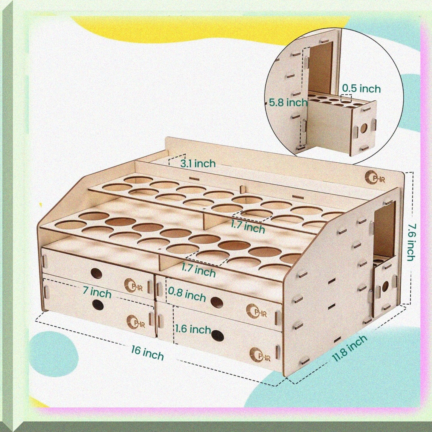 Wooden Paint Rack with 32 Bottle Holes, 36 Marker Slots, 4 Drawers