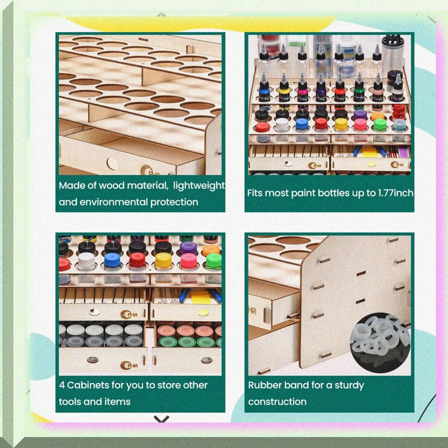 Wooden Paint Rack with 32 Bottle Holes, 36 Marker Slots, 4 Drawers