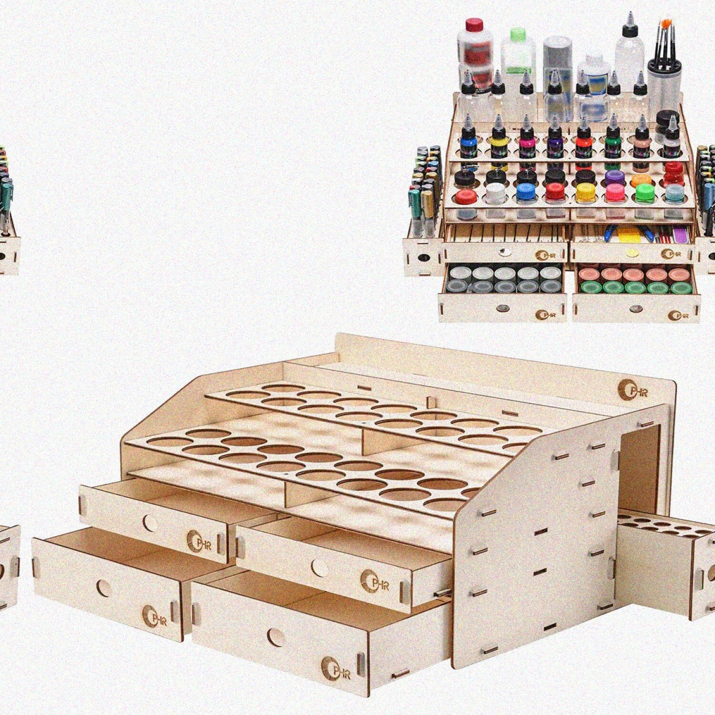 Wooden Paint Rack with 32 Bottle Holes, 36 Marker Slots, 4 Drawers
