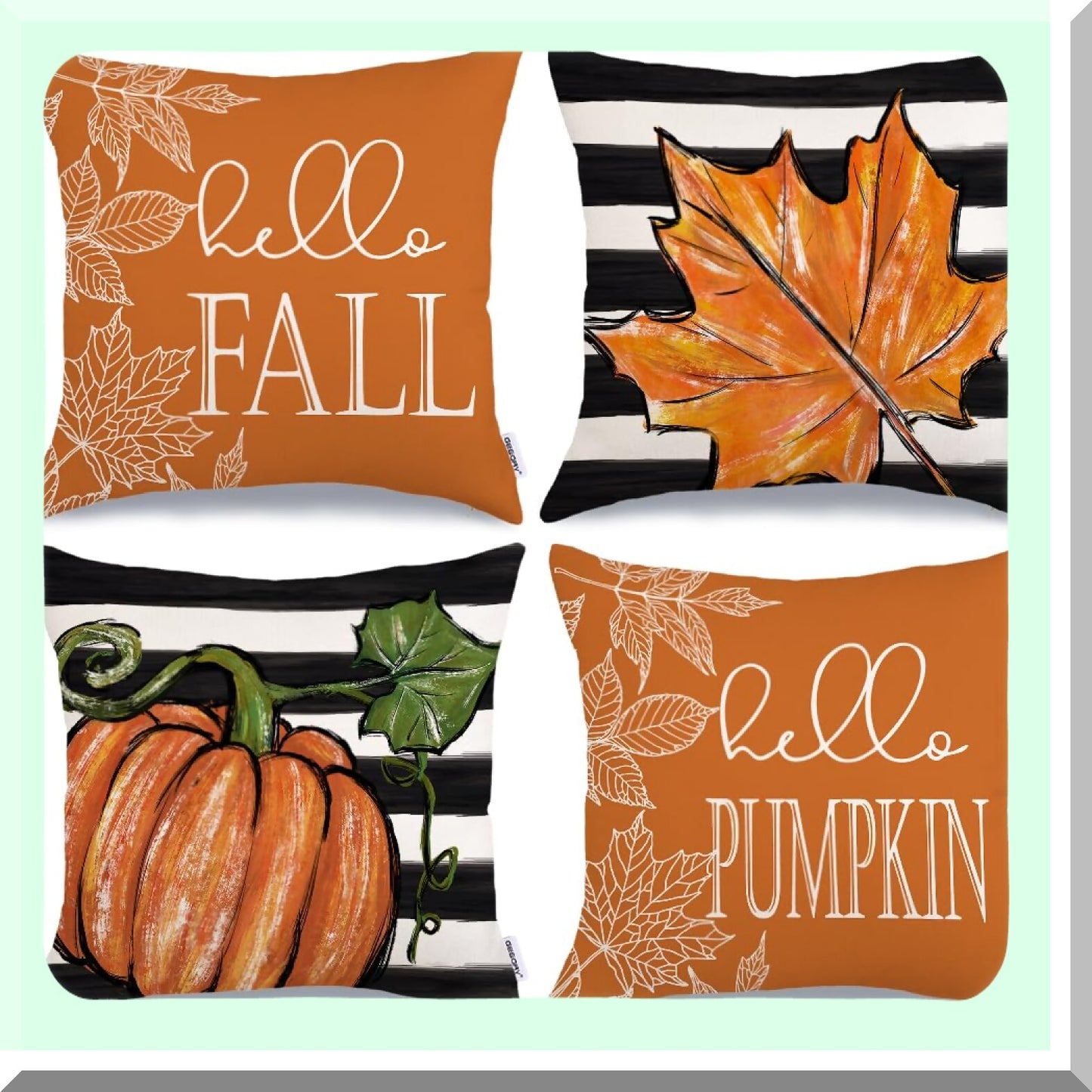 Autumn Harvest Pillow Cover Set - Pumpkin Maple Leaves Stripes Farmhouse Decorative Throw Pillow Cases for Home Couch - Orange - 16x16 Inch - Set of 4