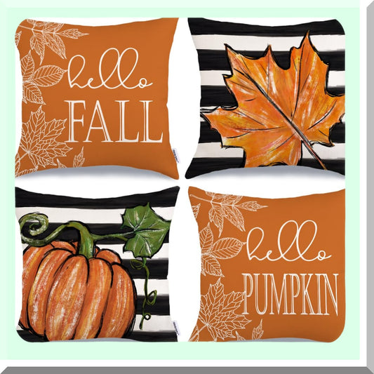 Autumn Harvest Pillow Cover Set - Pumpkin Maple Leaves Stripes Farmhouse Decorative Throw Pillow Cases for Home Couch - Orange - 16x16 Inch - Set of 4
