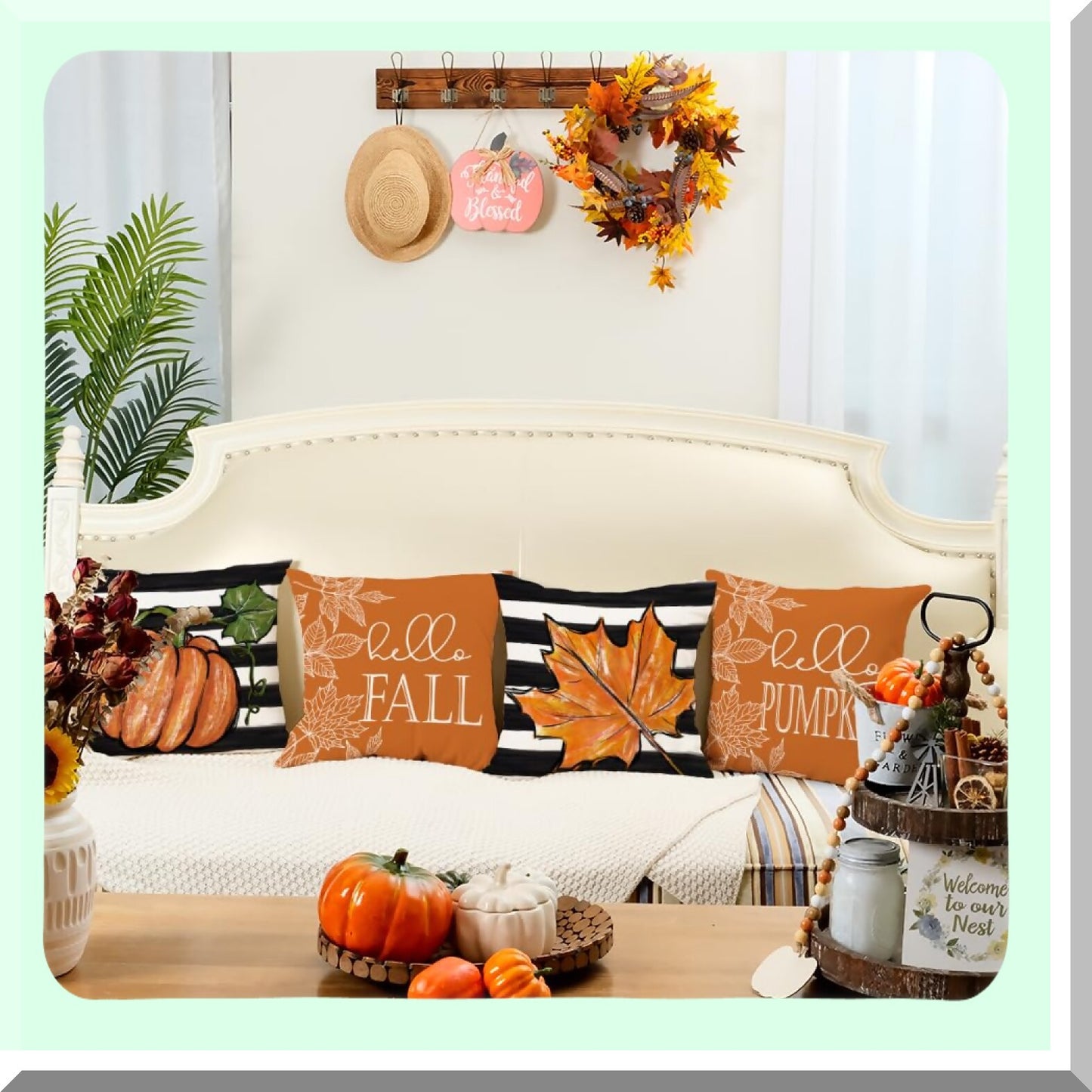 Autumn Harvest Pillow Cover Set - Pumpkin Maple Leaves Stripes Farmhouse Decorative Throw Pillow Cases for Home Couch - Orange - 16x16 Inch - Set of 4