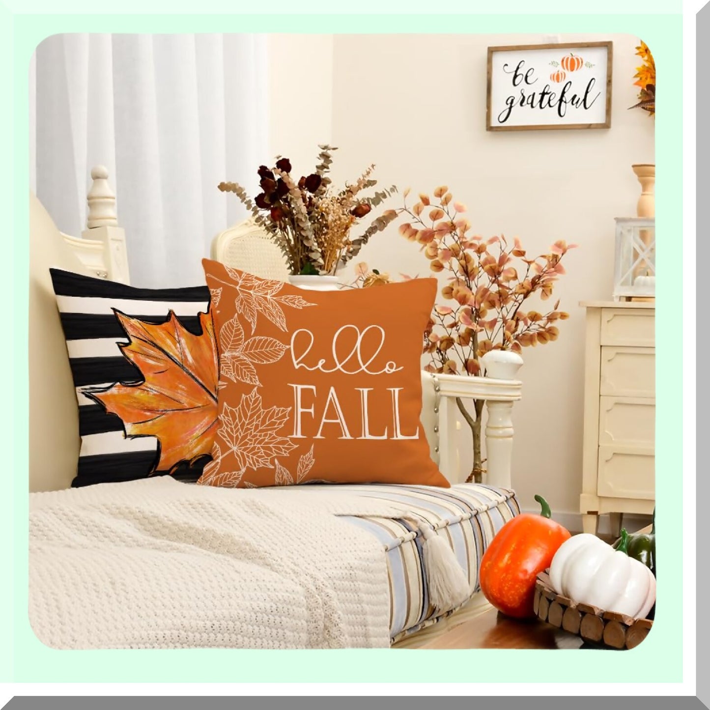 Autumn Harvest Pillow Cover Set - Pumpkin Maple Leaves Stripes Farmhouse Decorative Throw Pillow Cases for Home Couch - Orange - 16x16 Inch - Set of 4
