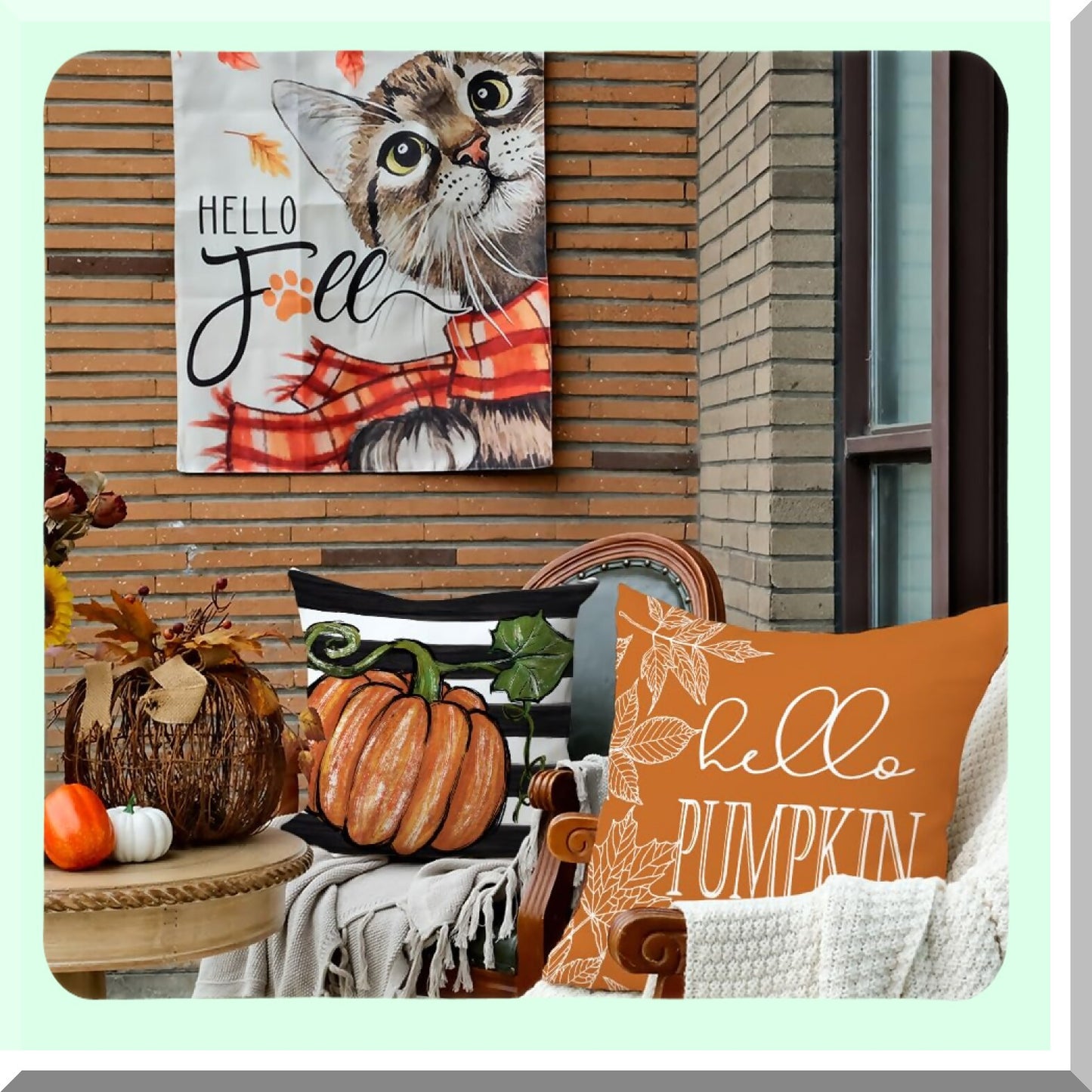 Autumn Harvest Pillow Cover Set - Pumpkin Maple Leaves Stripes Farmhouse Decorative Throw Pillow Cases for Home Couch - Orange - 16x16 Inch - Set of 4