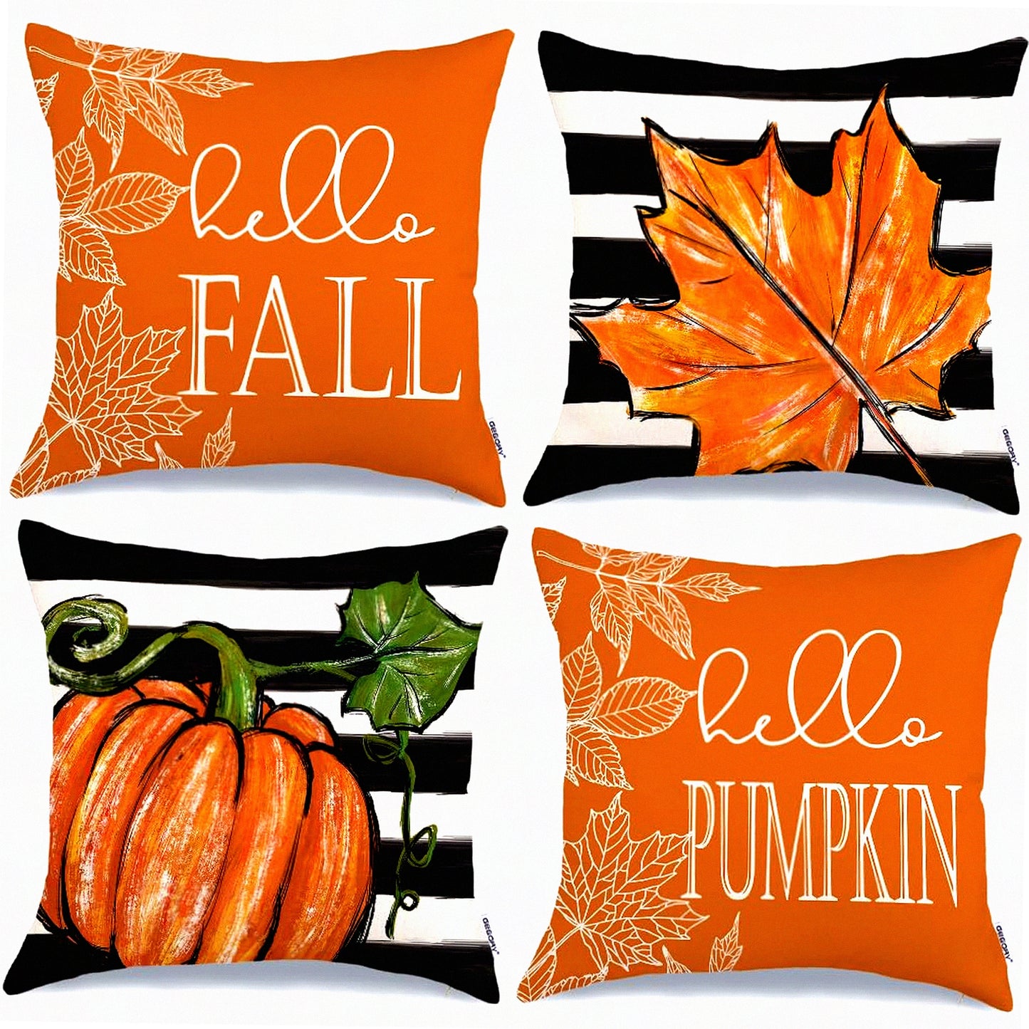 Autumn Harvest Pillow Cover Set - Pumpkin Maple Leaves Stripes Farmhouse Decorative Throw Pillow Cases for Home Couch - Orange - 16x16 Inch - Set of 4