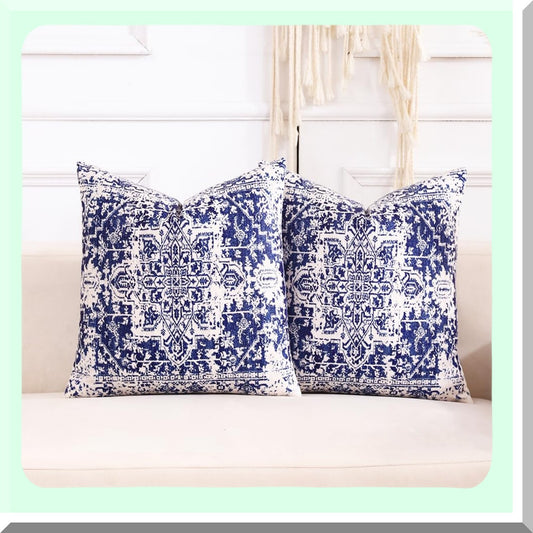 Boho Blue Farmhouse Pillow Covers Set - Soft Velvet Decorative Pillows for Couch, Sofa, Bed - 18x18 Navy Blue & White Boho Room Decor - Pack of 2