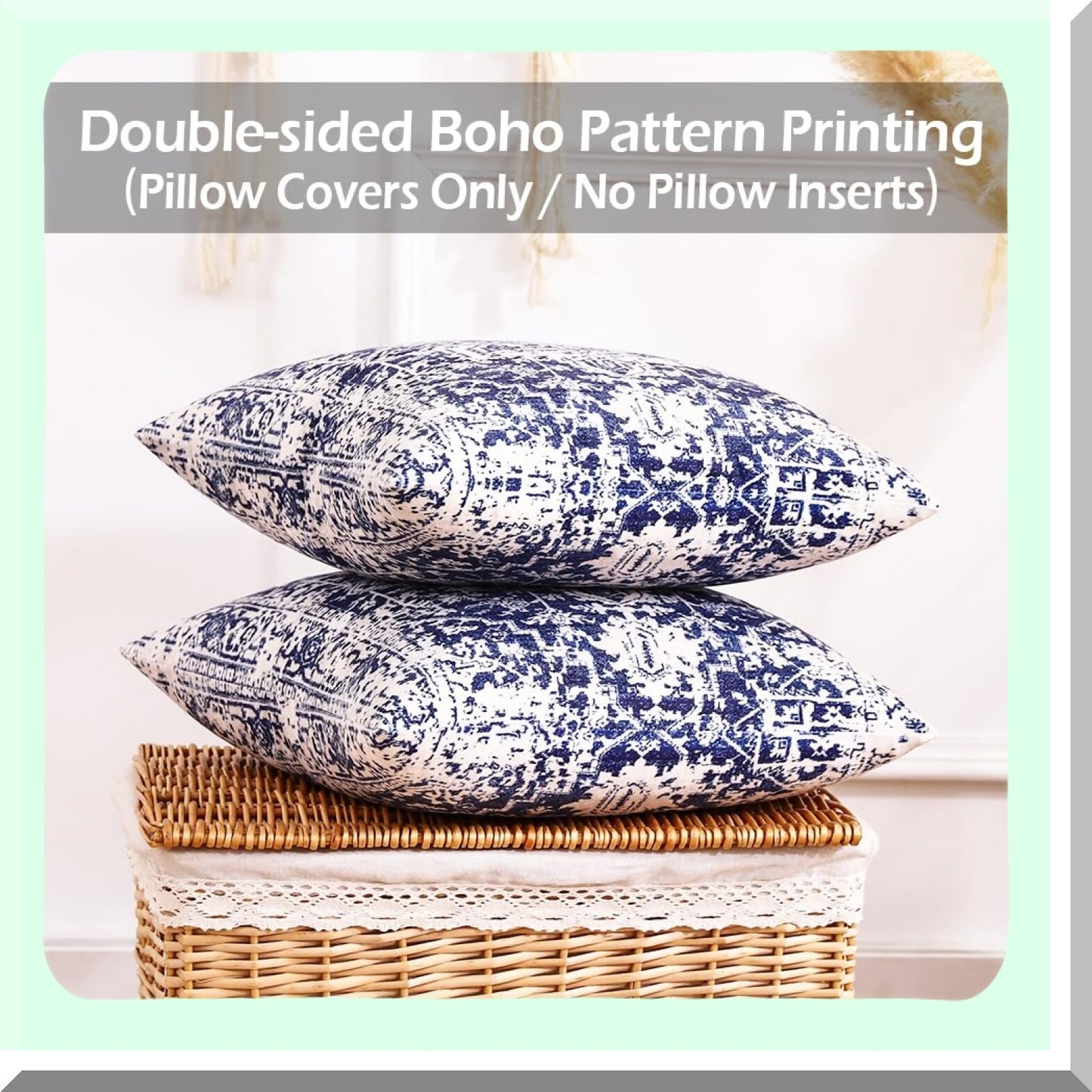 Boho Blue Farmhouse Pillow Covers Set - Soft Velvet Decorative Pillows for Couch, Sofa, Bed - 18x18 Navy Blue & White Boho Room Decor - Pack of 2