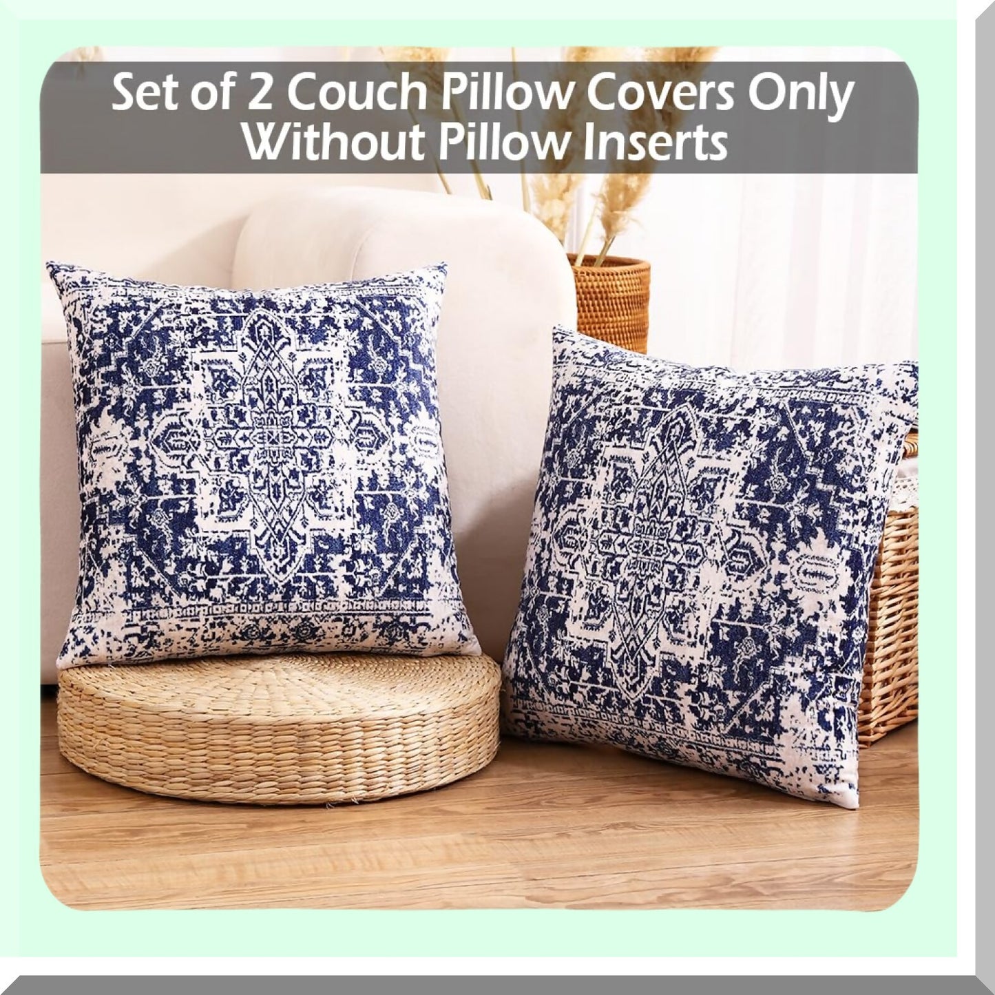 Boho Blue Farmhouse Pillow Covers Set - Soft Velvet Decorative Pillows for Couch, Sofa, Bed - 18x18 Navy Blue & White Boho Room Decor - Pack of 2