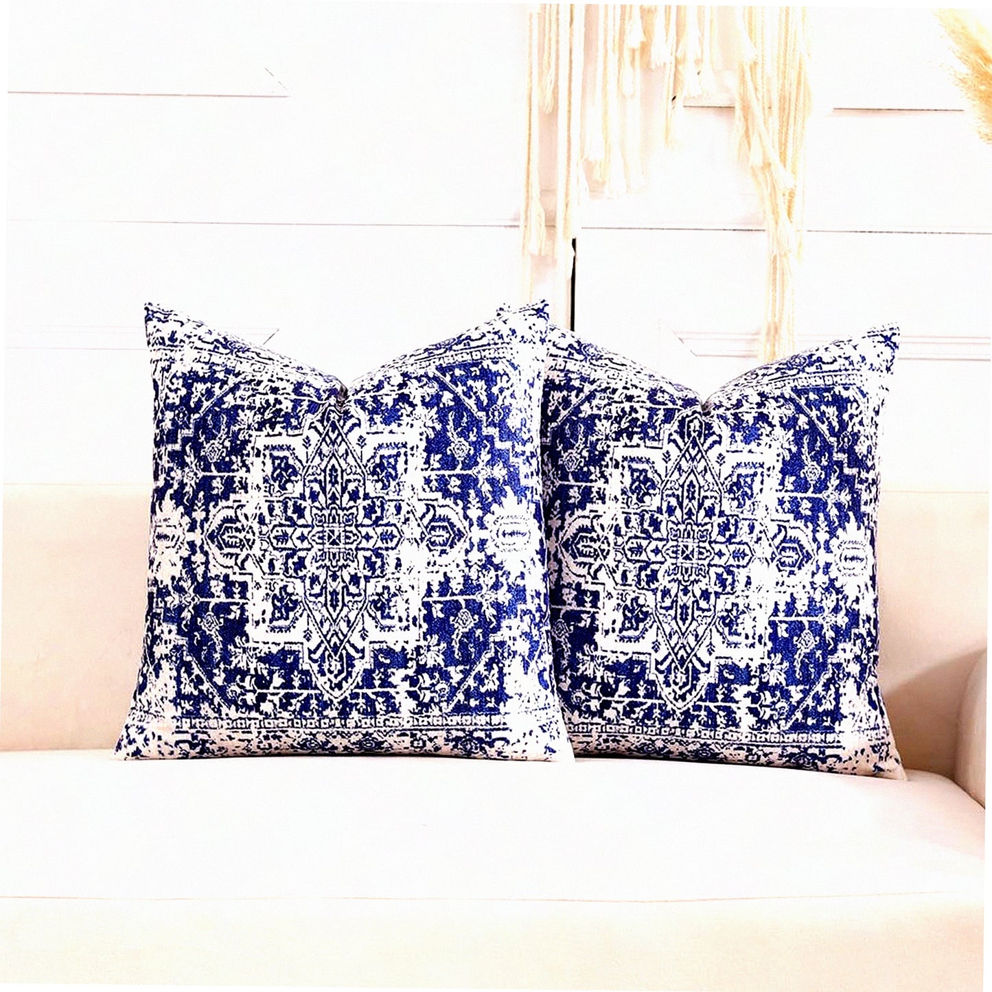 Boho Blue Farmhouse Pillow Covers Set - Soft Velvet Decorative Pillows for Couch, Sofa, Bed - 18x18 Navy Blue & White Boho Room Decor - Pack of 2