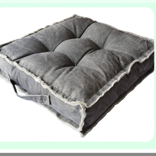 Thick Tufted Floor Cushion - Square Meditation Pillow for Tatami Pad, Reading Nook, Yoga Sofa, Balcony - Solid Dark Gray Seat Pad for Guests/Kids