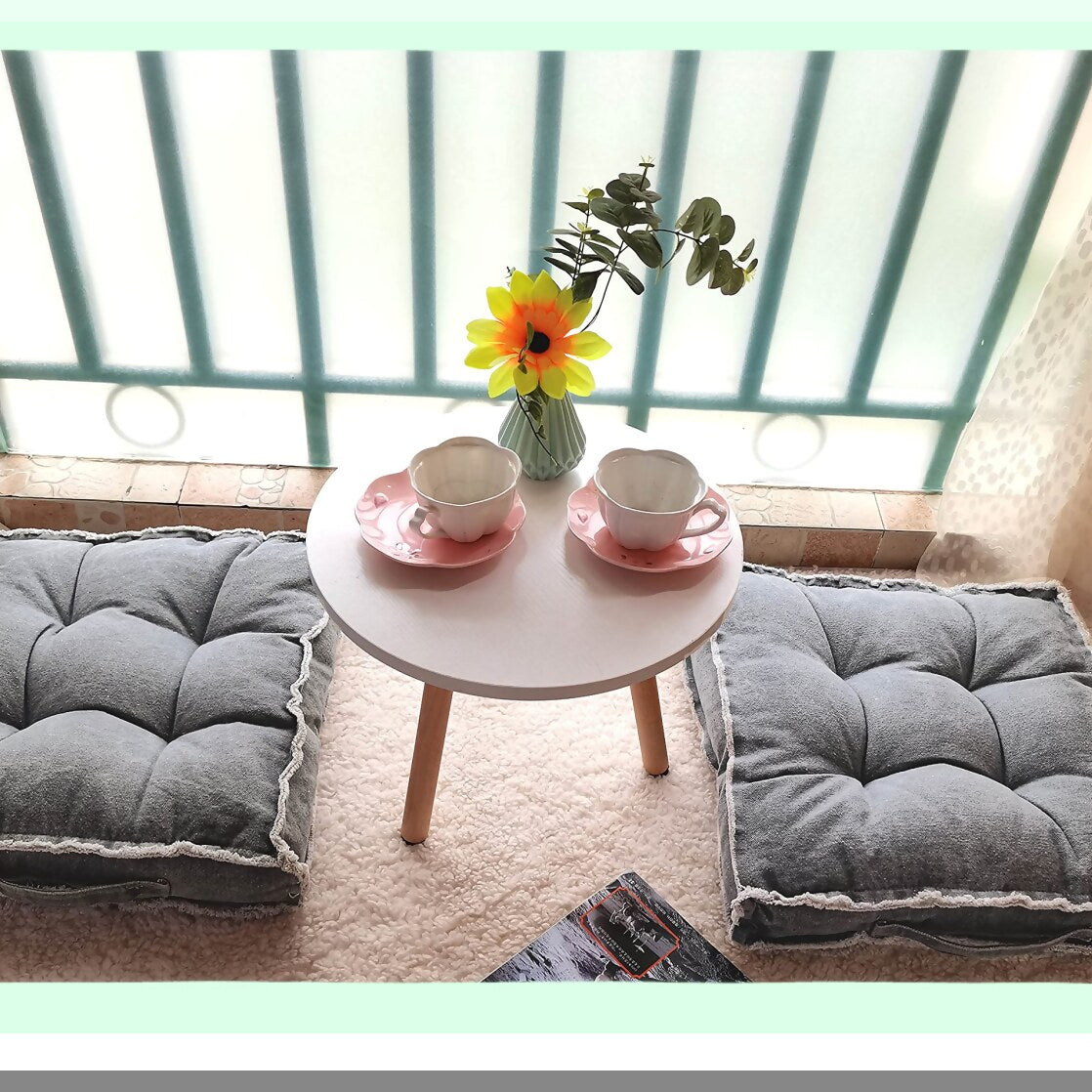 Thick Tufted Floor Cushion - Square Meditation Pillow for Tatami Pad, Reading Nook, Yoga Sofa, Balcony - Solid Dark Gray Seat Pad for Guests/Kids