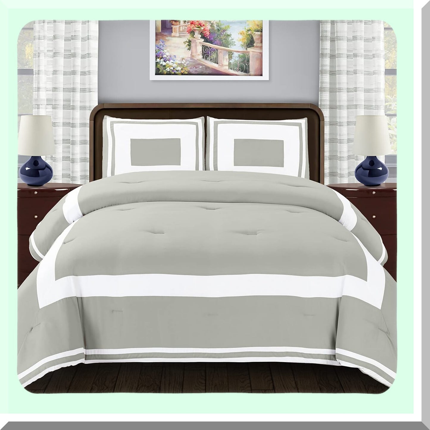 Luxury Grey Comforter Set - Soft Microfiber Shell, All Season Down Alternative Fill, Full/Queen Size, Color Blocked Design with Pillow Shams - Hotel Bedding