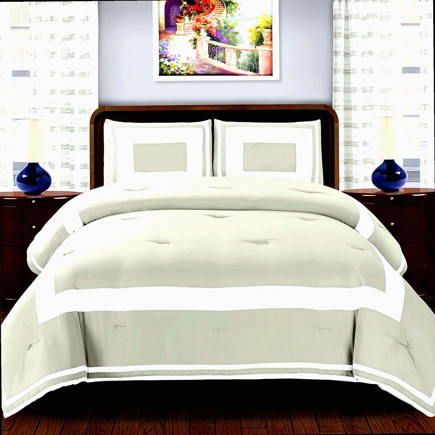 Luxury Grey Comforter Set - Soft Microfiber Shell, All Season Down Alternative Fill, Full/Queen Size, Color Blocked Design with Pillow Shams - Hotel Bedding