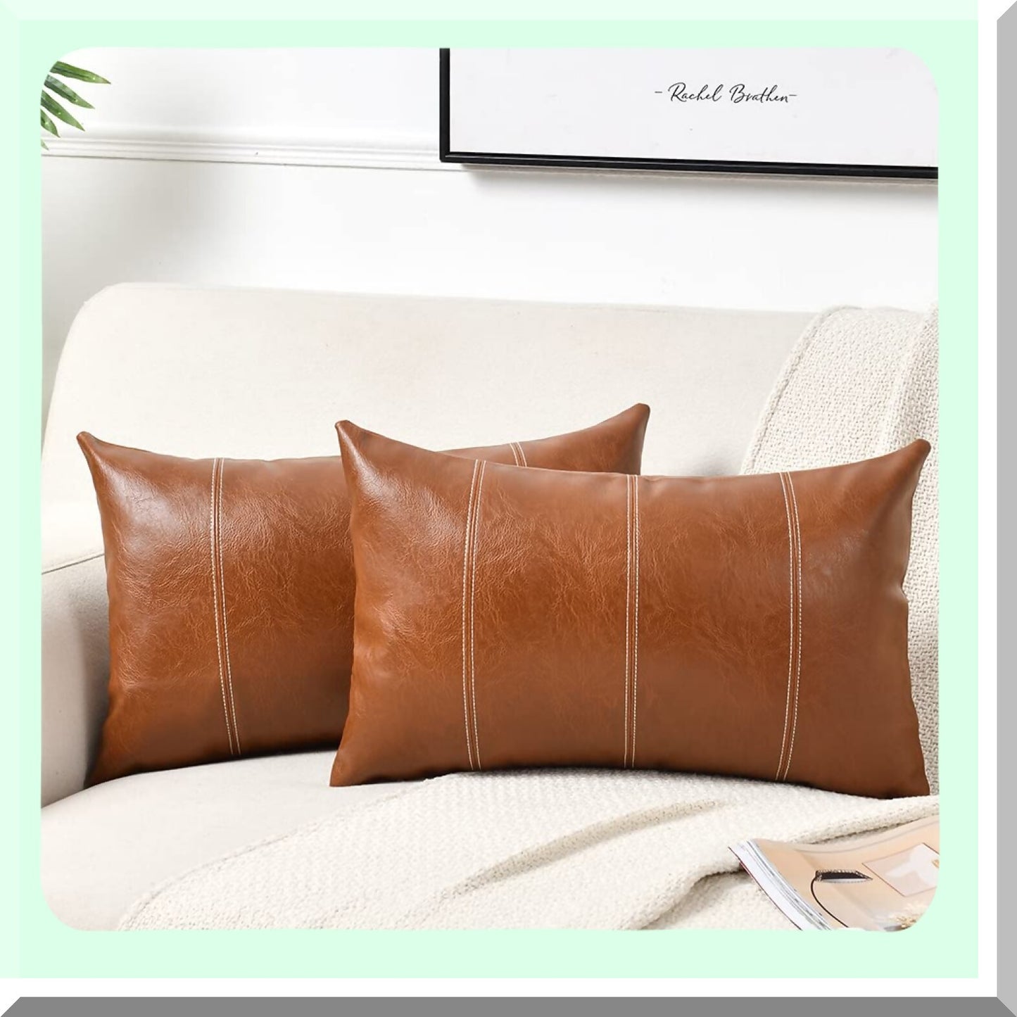 Boho Leather Lumbar Pillow Covers - Rustic Farmhouse Decorative Cushion Case Set for Living Room Couch & Bed - Hand Stitched Rectangle Throw Pillows - Brown 14x24 Inch Pack of 2
