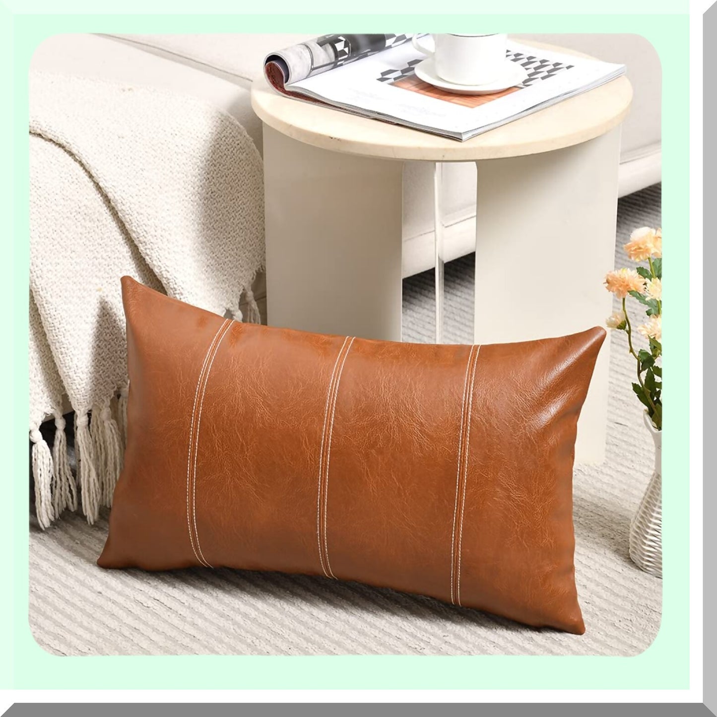 Boho Leather Lumbar Pillow Covers - Rustic Farmhouse Decorative Cushion Case Set for Living Room Couch & Bed - Hand Stitched Rectangle Throw Pillows - Brown 14x24 Inch Pack of 2
