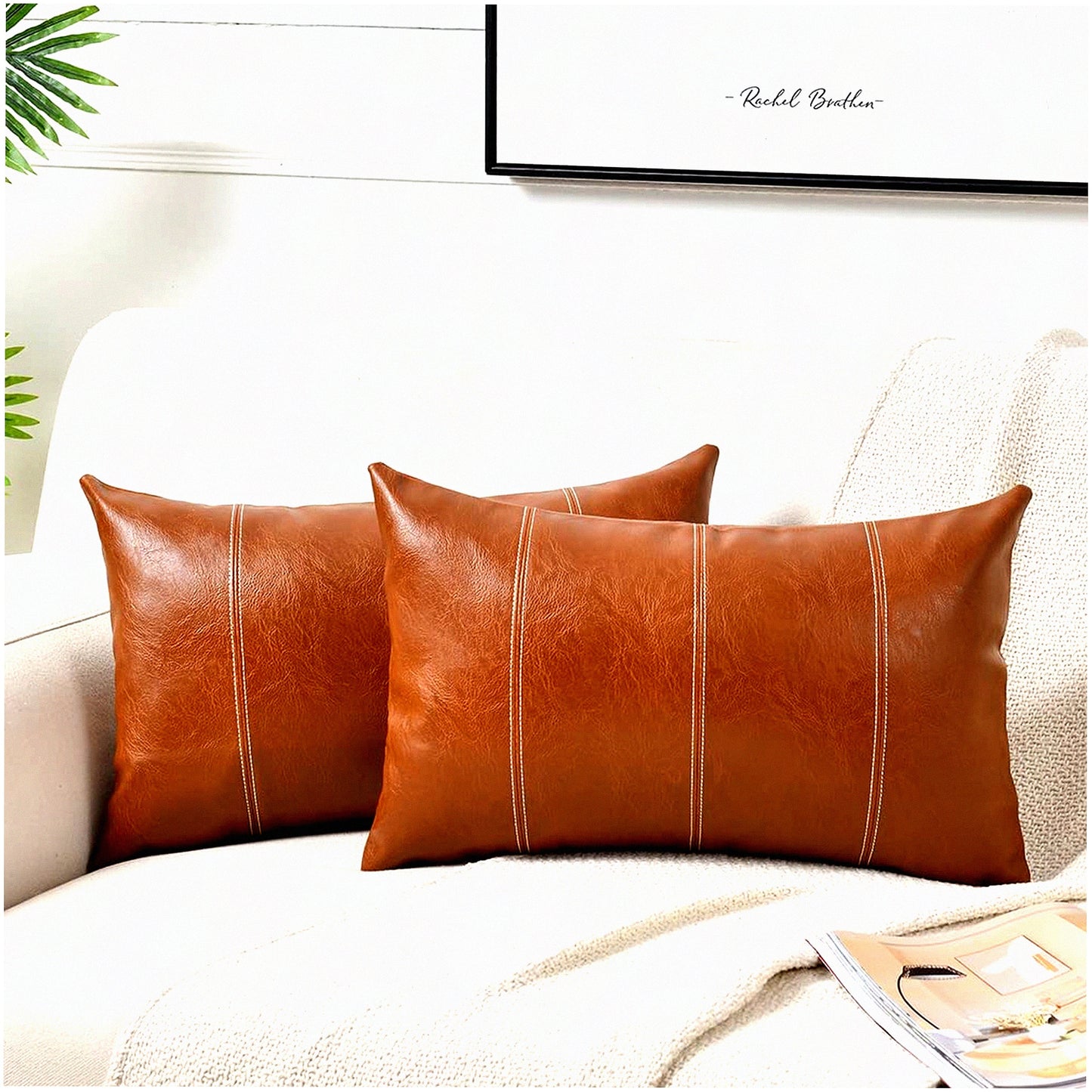 Boho Leather Lumbar Pillow Covers - Rustic Farmhouse Decorative Cushion Case Set for Living Room Couch & Bed - Hand Stitched Rectangle Throw Pillows - Brown 14x24 Inch Pack of 2