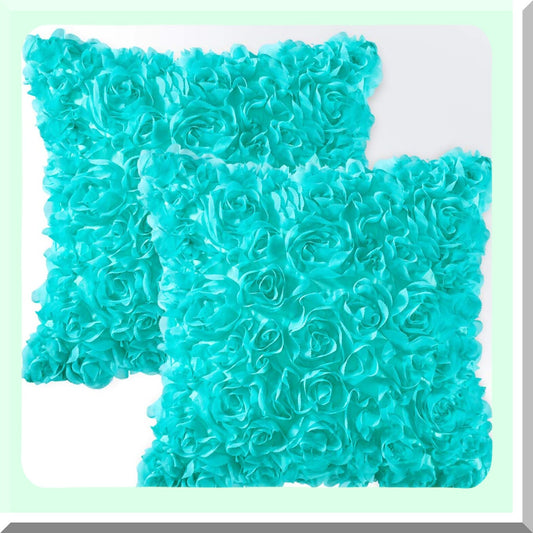 Romantic Rose Flower Pillowcase Set - Decorative Stereo Chiffon Square Pillow Cover for Sofa, Bedroom, Car - Aqua Valentines Day Decor - Pack of 2, 18x18 Inch