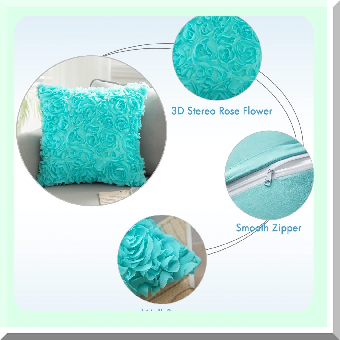Romantic Rose Flower Pillowcase Set - Decorative Stereo Chiffon Square Pillow Cover for Sofa, Bedroom, Car - Aqua Valentines Day Decor - Pack of 2, 18x18 Inch